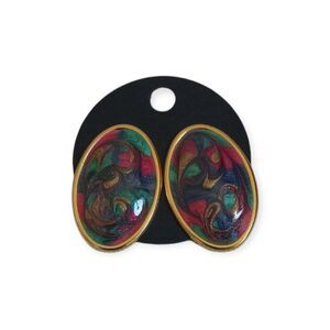 Vintage Oval Shaped Enamel Gold Toned and Multicolored Swirl Statement Earrings